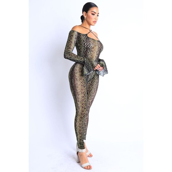 Women's Cheetah Flared Sleeve O-Ring Off Shoulder Jumpsuit Party Club Jumpsuit - Picture 3 of 10